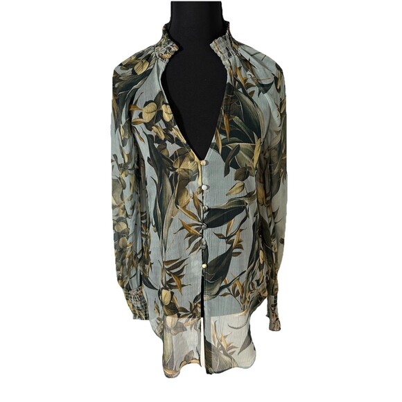 GUESS Sheer Floral Blouse Women Long Sleeve Smocked Cuffs Boho Peasant Top Sz XS - Picture 2 of 8